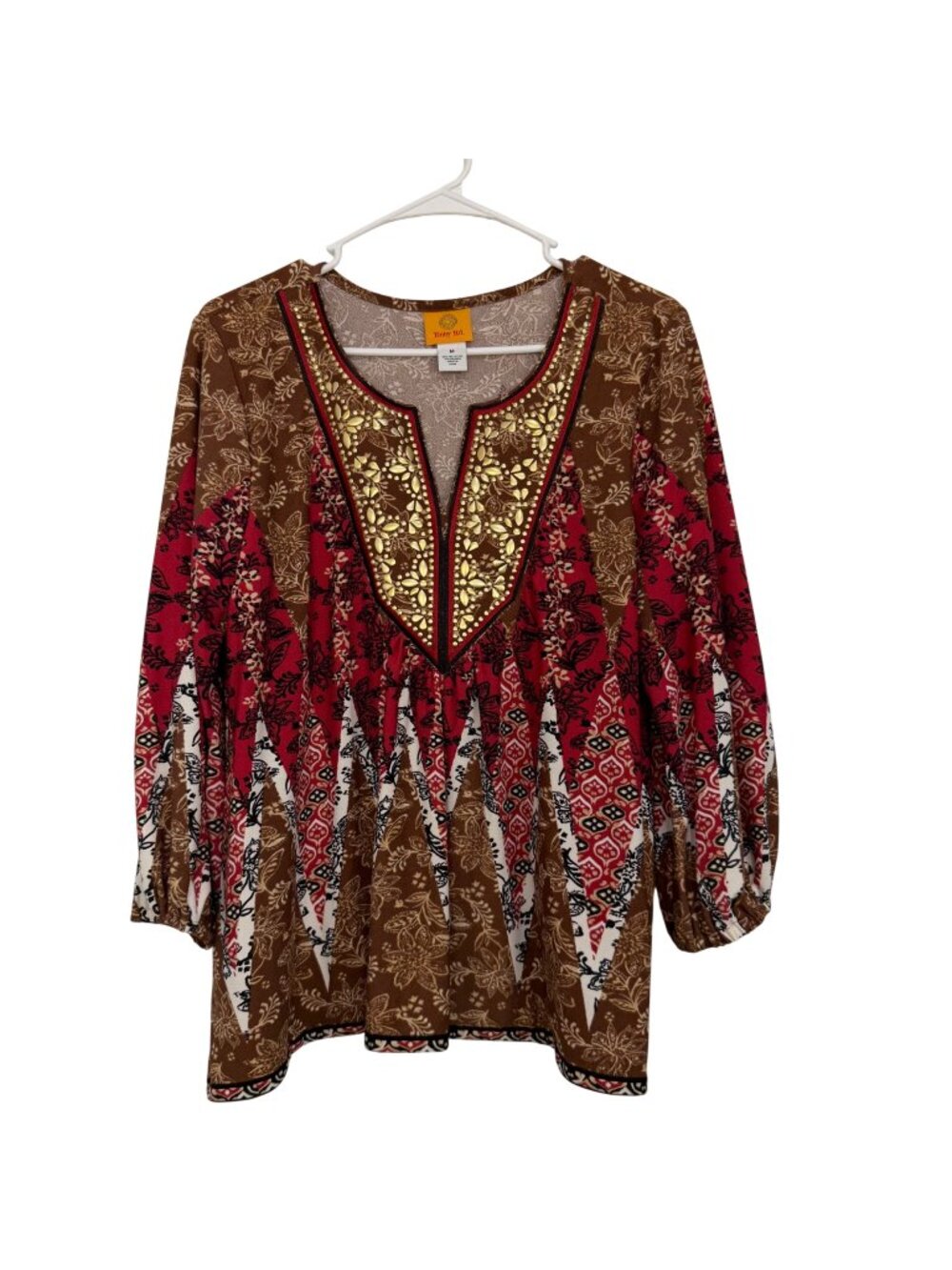 Ruby Rd. Womens M Multicolor Top W/ Gold Accents Boho Floral Print Modified Hem